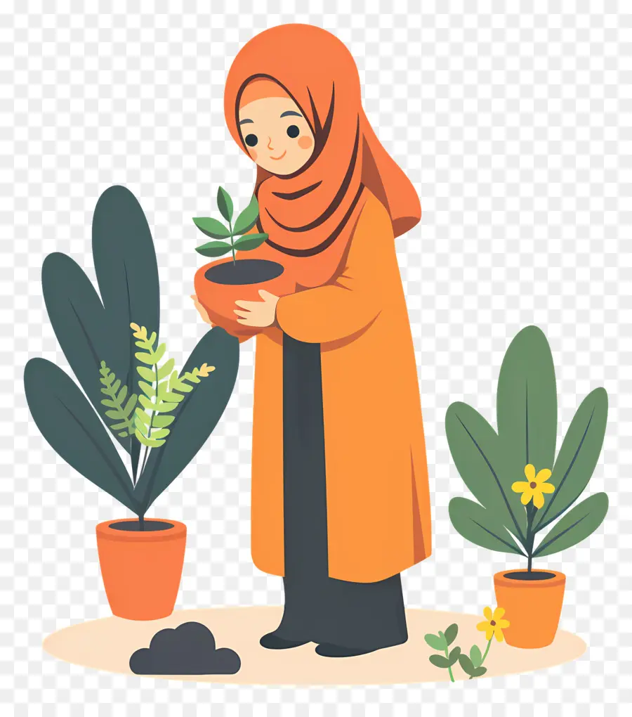 Hijab Chica Haciendo Jardinería，Mujer Con Plantas PNG