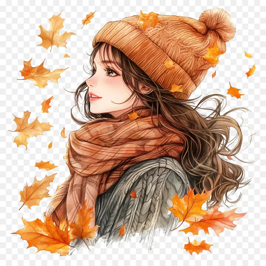 Chica De Otoño，Chica Con Hojas De Otoño PNG