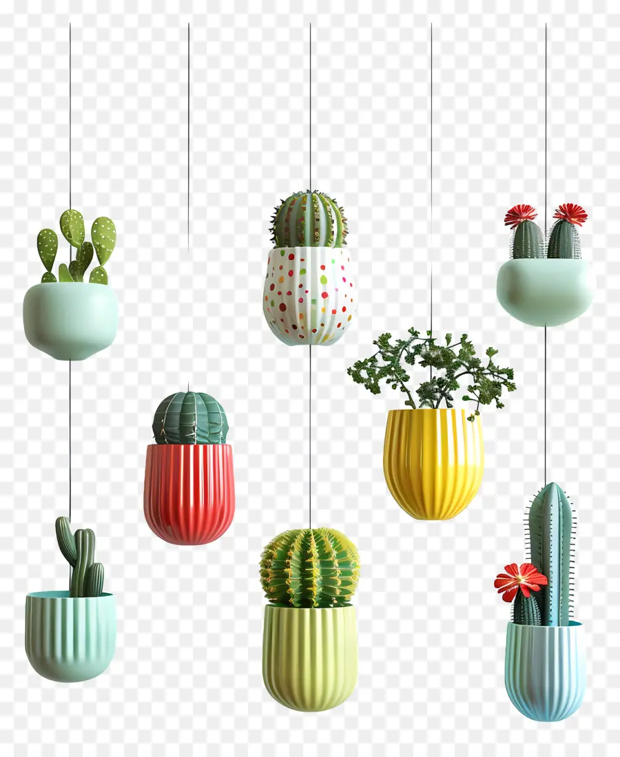 Cactus Colgantes，Macetas Coloridas PNG