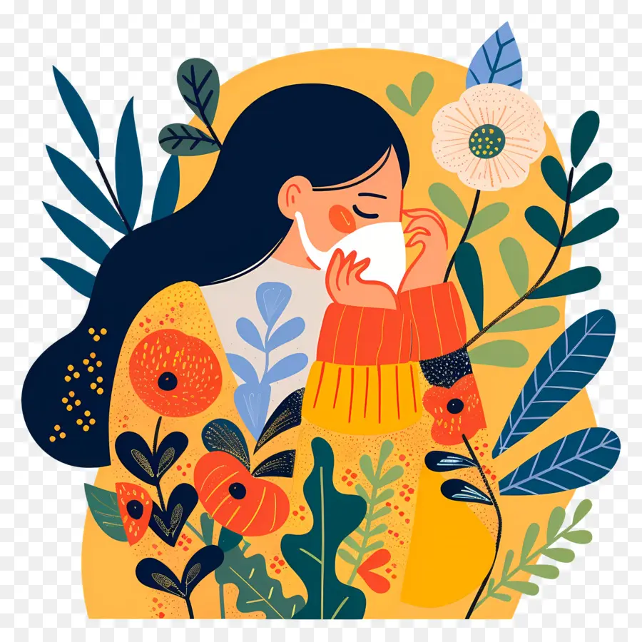 Mujer Enferma De Gripe，Mujer Con Flores PNG