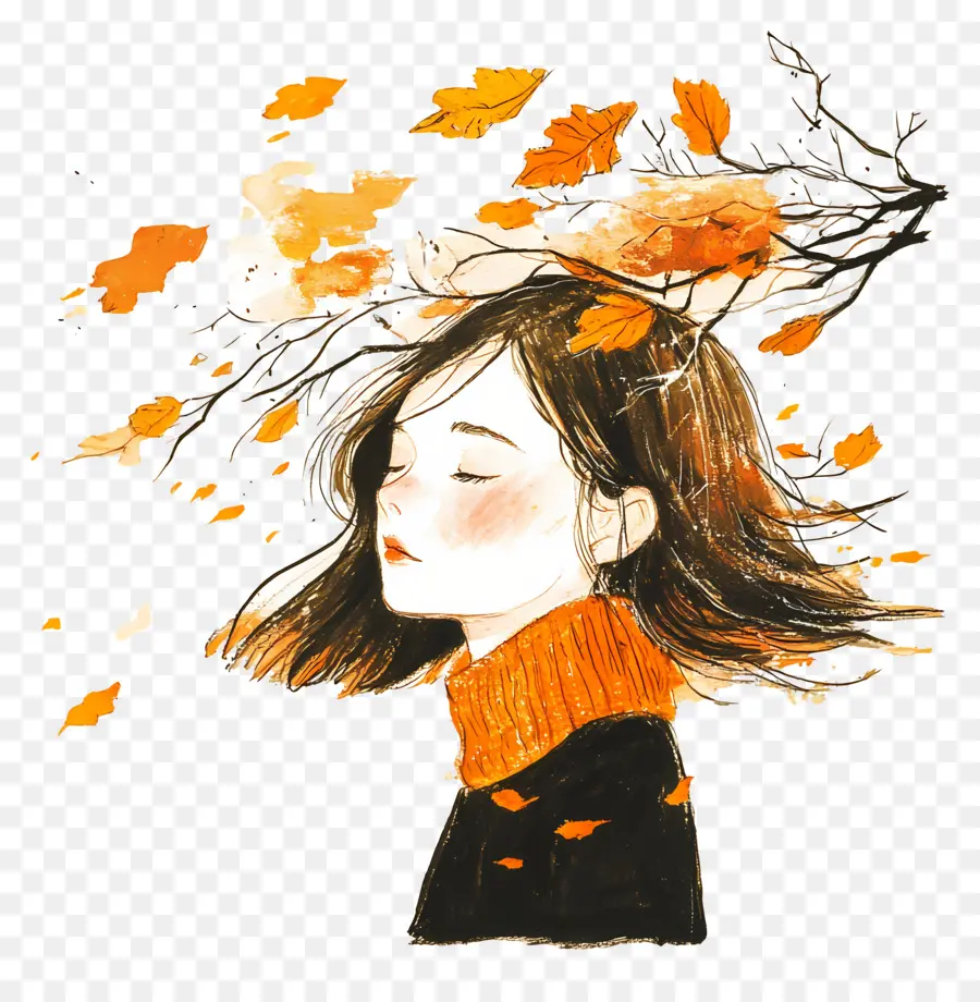 Chica De Otoño，Niña Con Hojas PNG