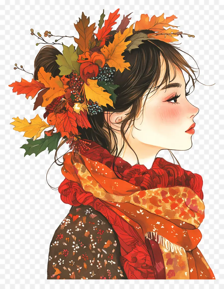 Chica De Otoño，Hojas PNG