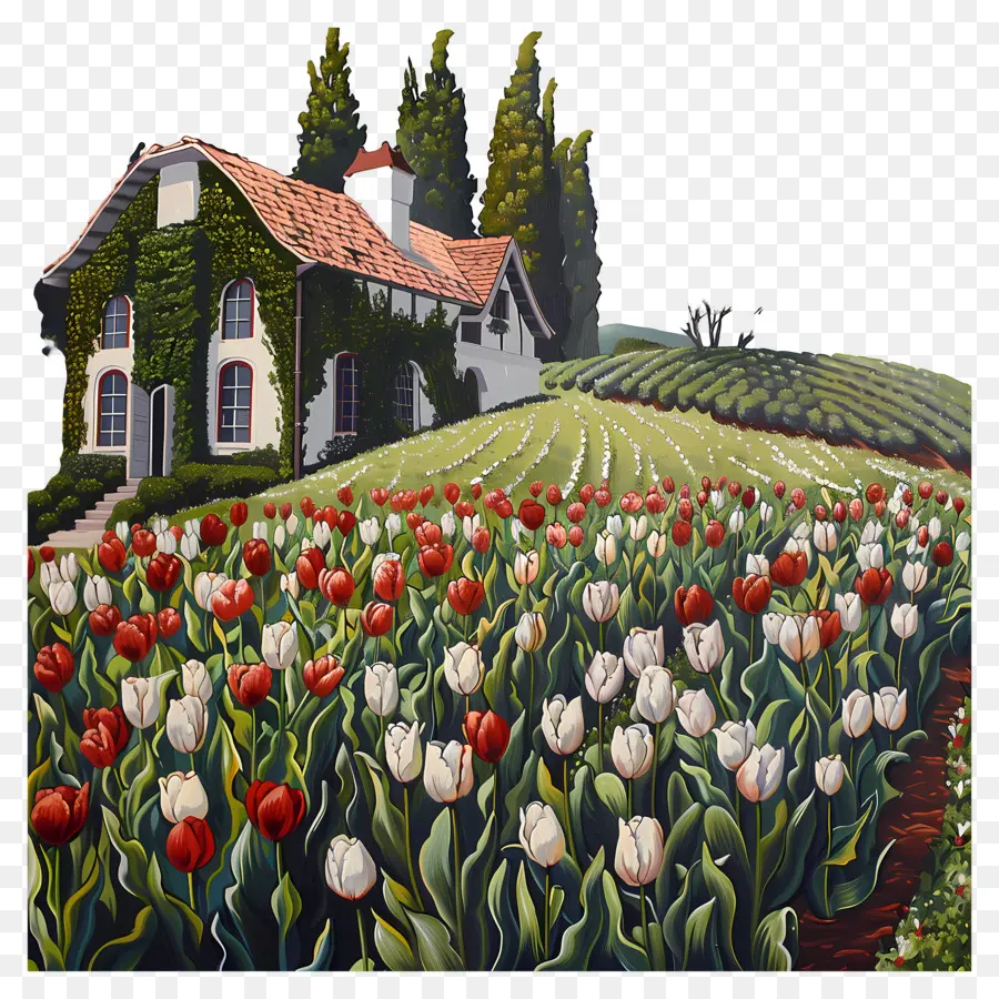 Casa De Campo，Casa Con Campo De Tulipanes PNG