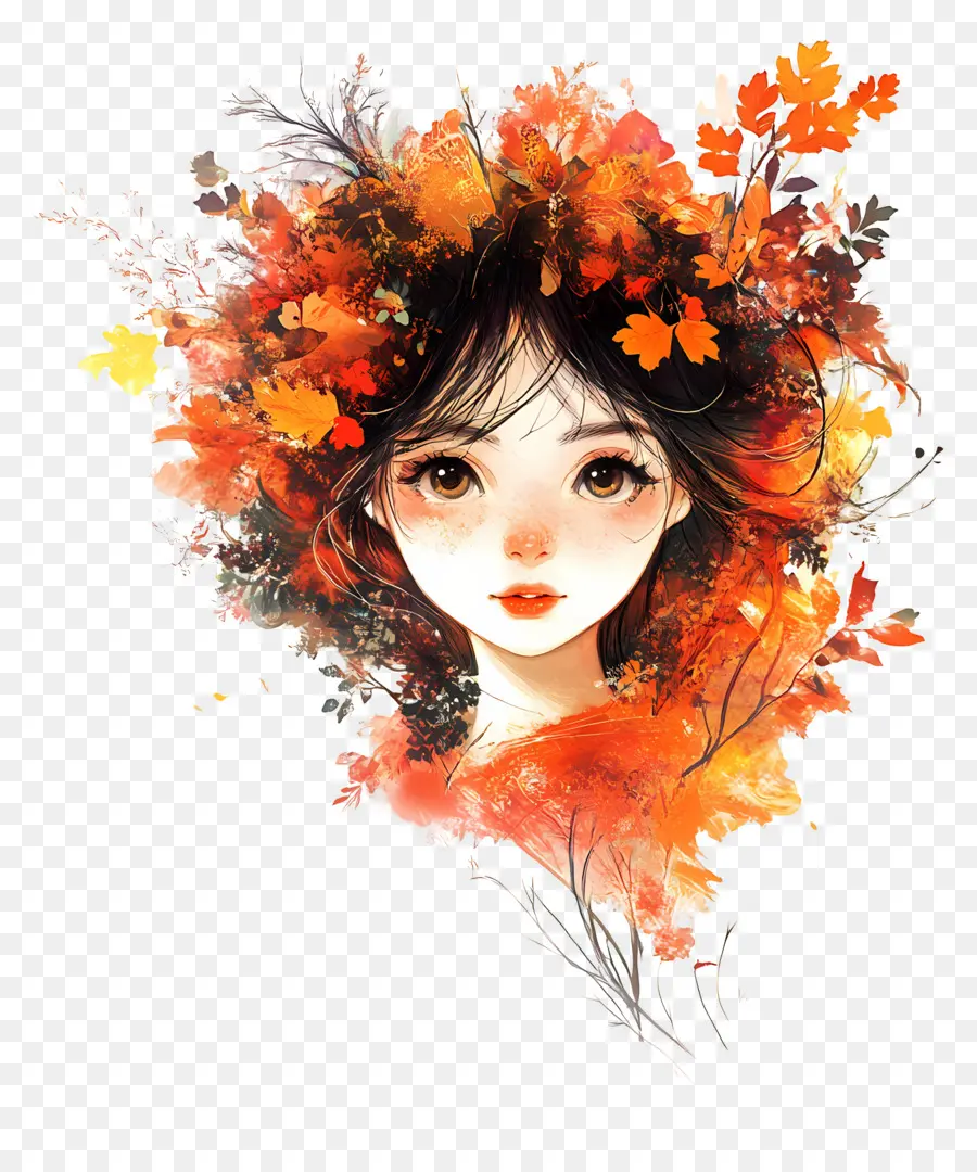 Chica De Otoño，Hojas PNG