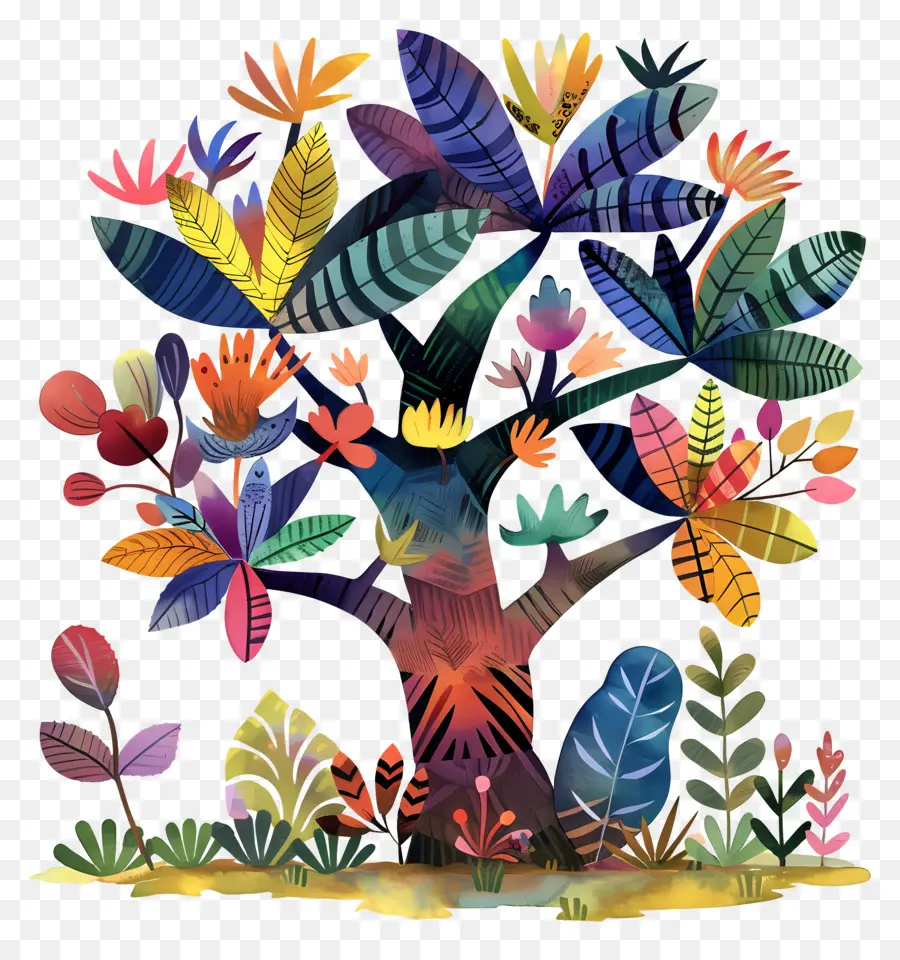 árbol De Dibujos Animados，Plantas Coloridas PNG