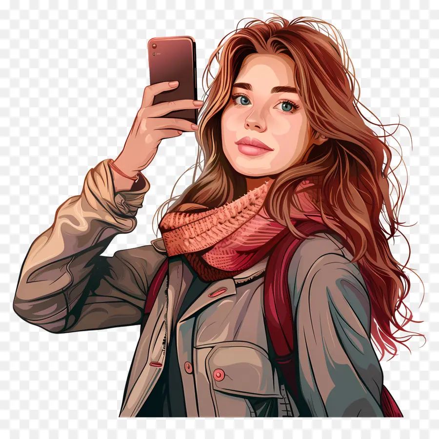 Mujer Tomando Selfie，Chica Con Teléfono PNG