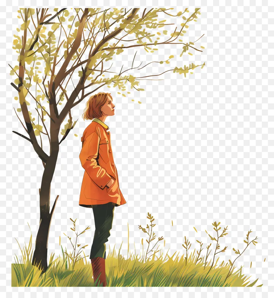 Mujer En Primavera，Mujer Y Arbol PNG