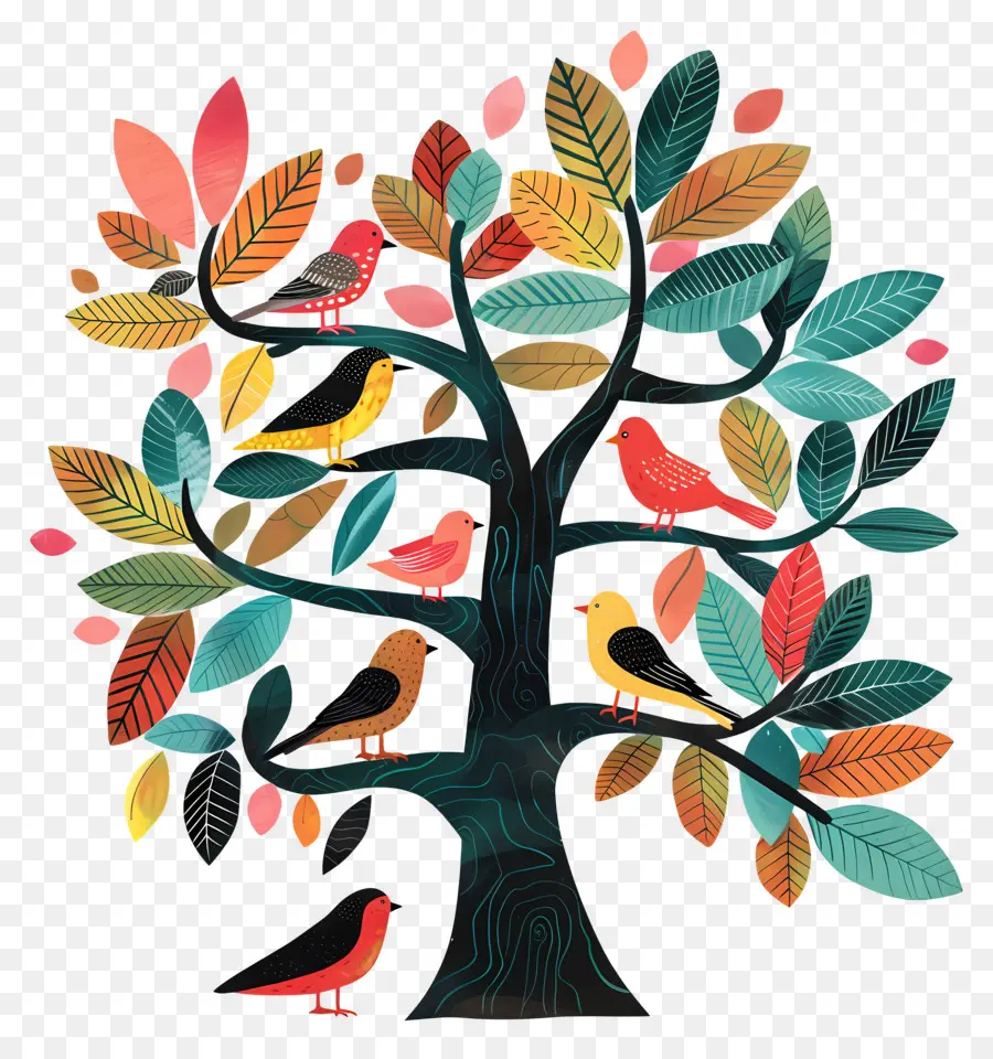 árbol Con Pájaros，árbol Colorido PNG