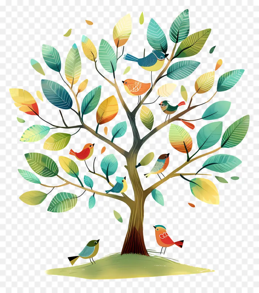 árbol Con Pájaros，árbol Colorido PNG