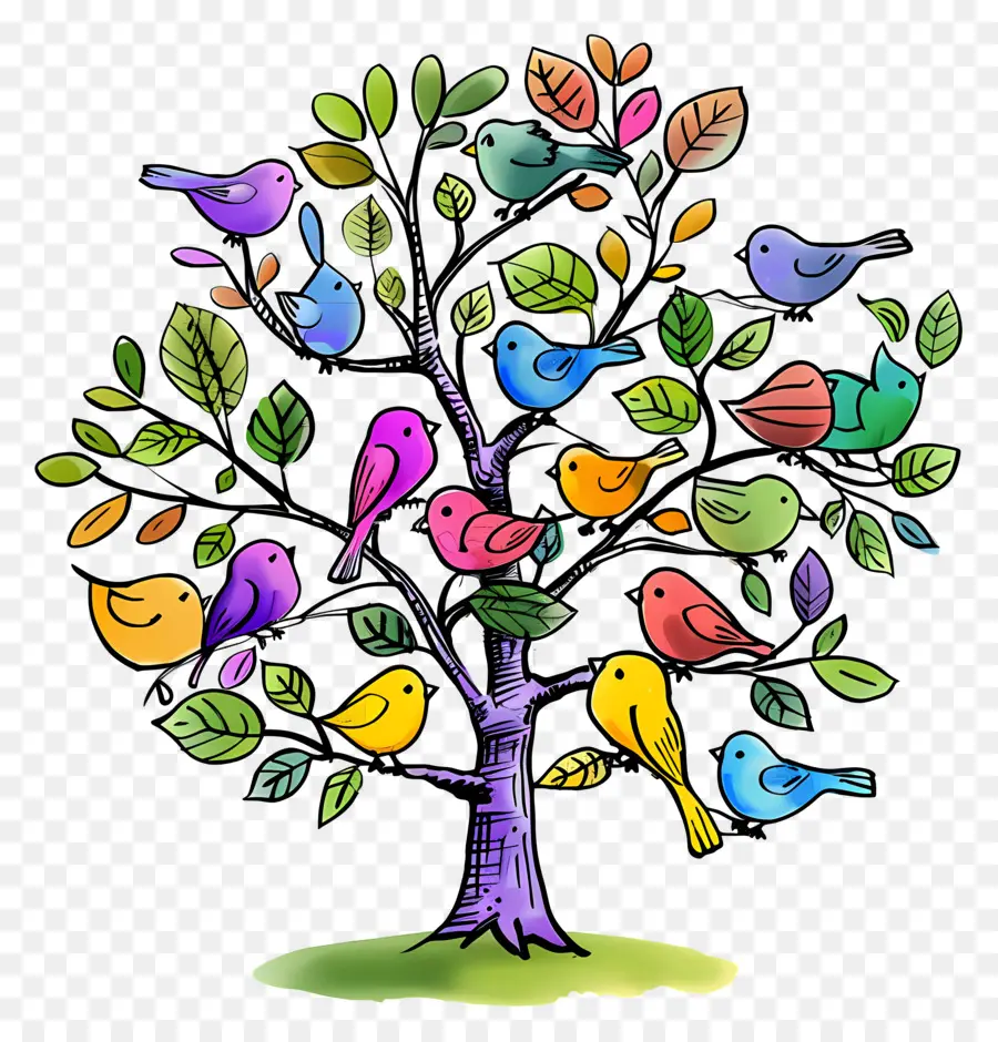 árbol Con Pájaros，Pájaros Coloridos En El árbol PNG