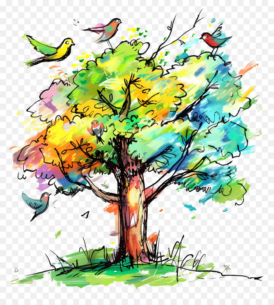 árbol Con Pájaros，árbol Colorido PNG