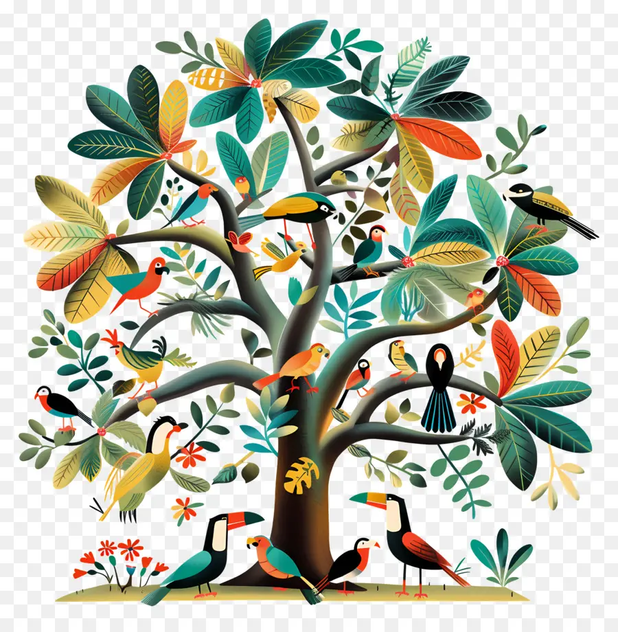 árbol Con Pájaros，Pájaros Coloridos PNG