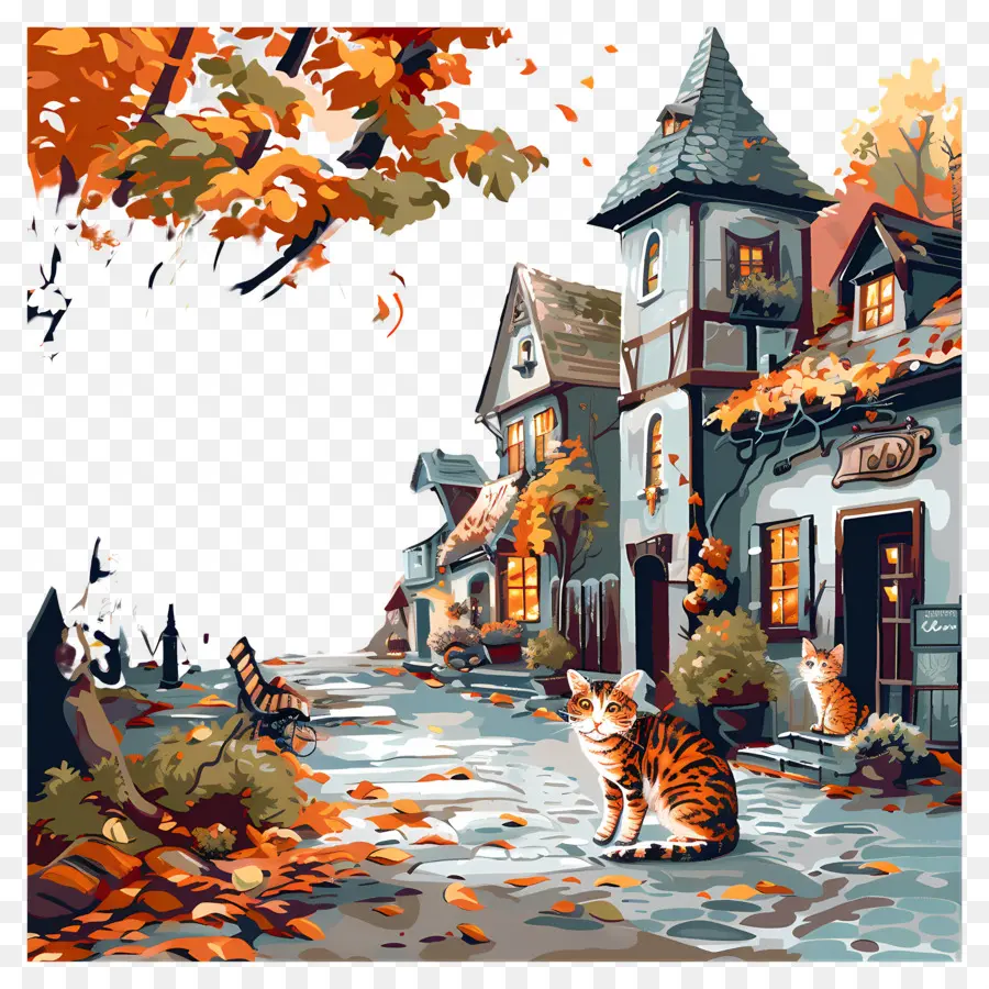 Calle Del Pueblo，Pueblo De Otoño Con Gatos PNG