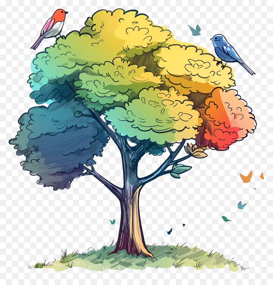 árbol Con Pájaros，árbol Colorido PNG