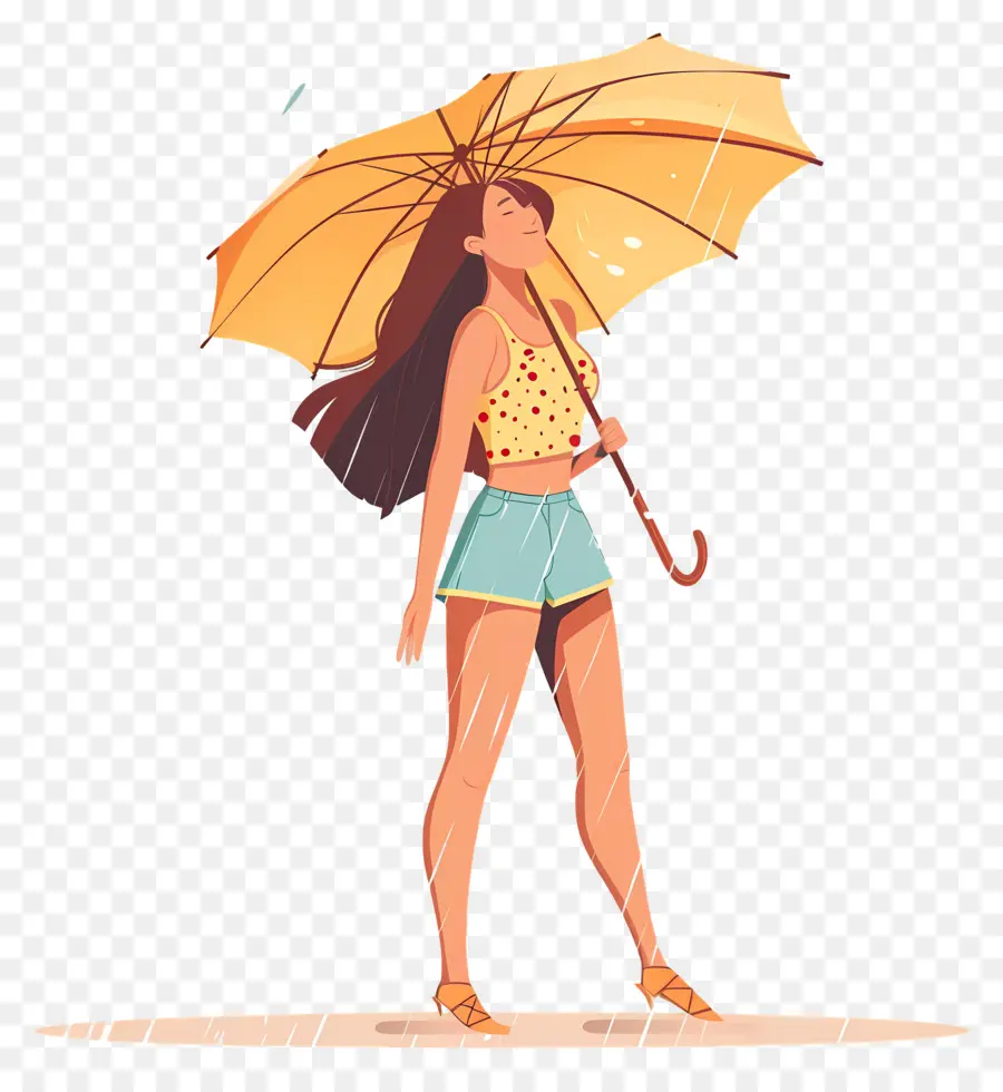 Mujer Disfrutando Del Clima，Mujer Con Paraguas Amarillo PNG