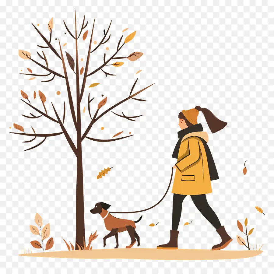 Mujer Paseando Perro，Mujer Paseando A Un Perro En Otoño PNG