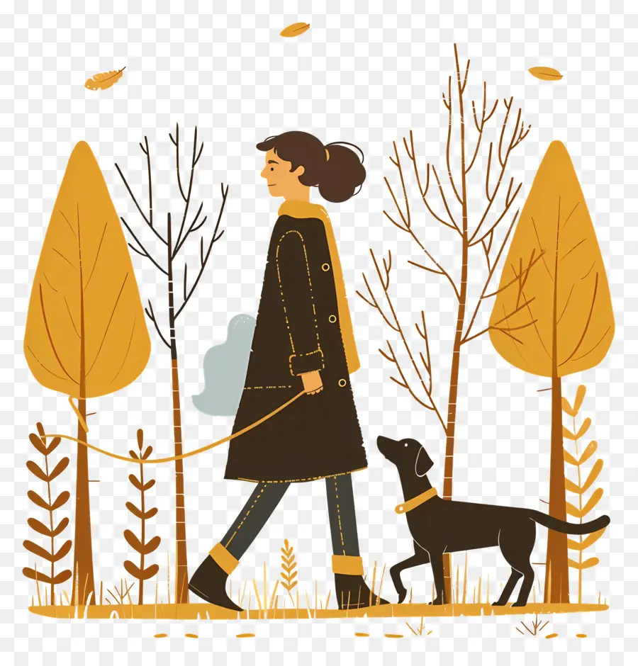 Mujer Paseando Perro，Mujer Paseando A Un Perro En Otoño PNG