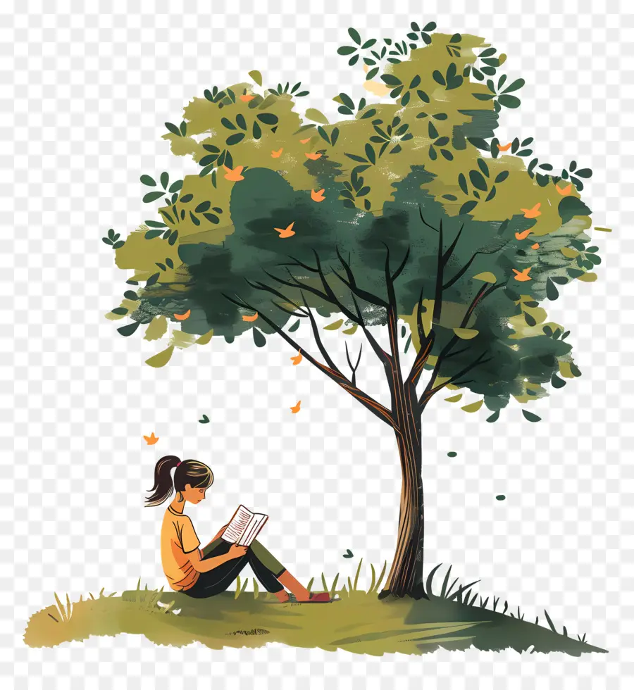 Libro De Lectura De Niña，Niña Leyendo Bajo El árbol PNG