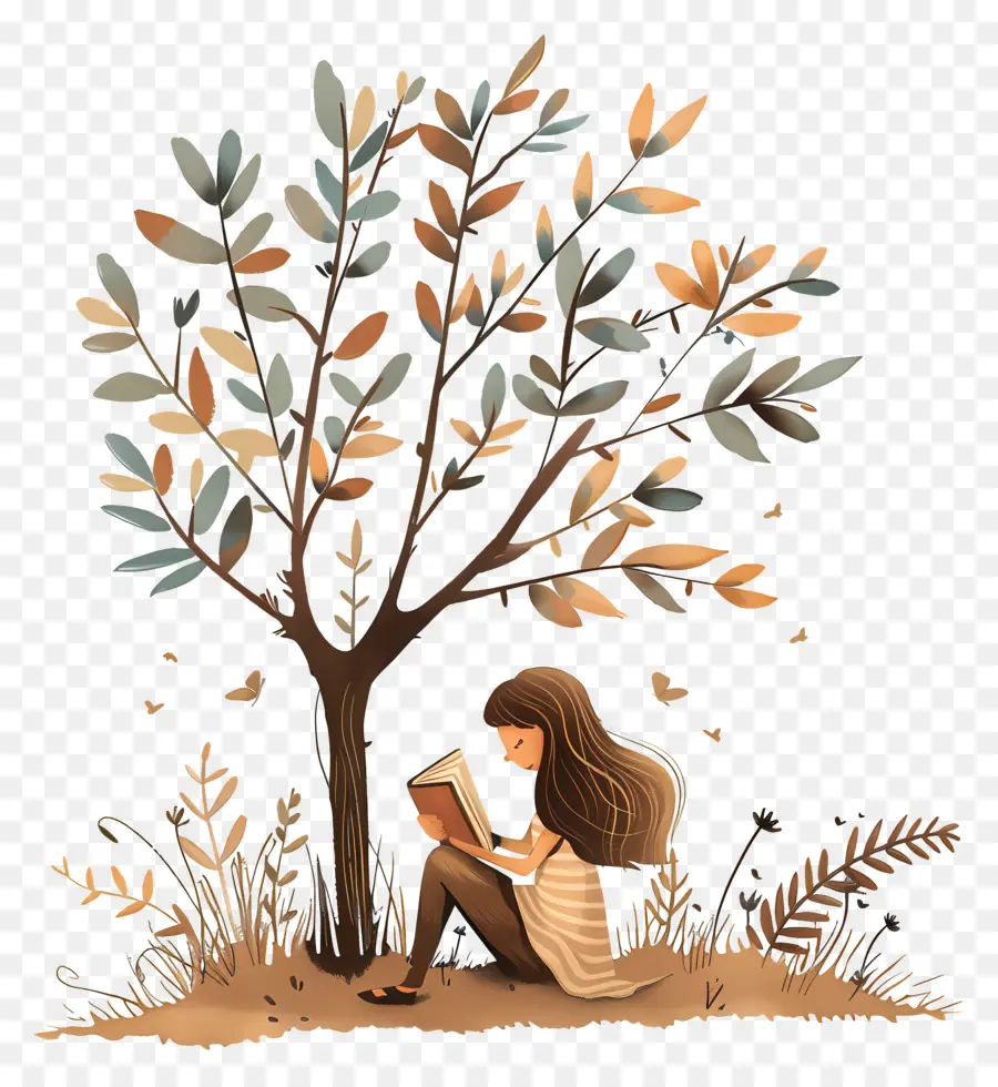 Libro De Lectura De Niña，Niña Leyendo Debajo Del árbol PNG