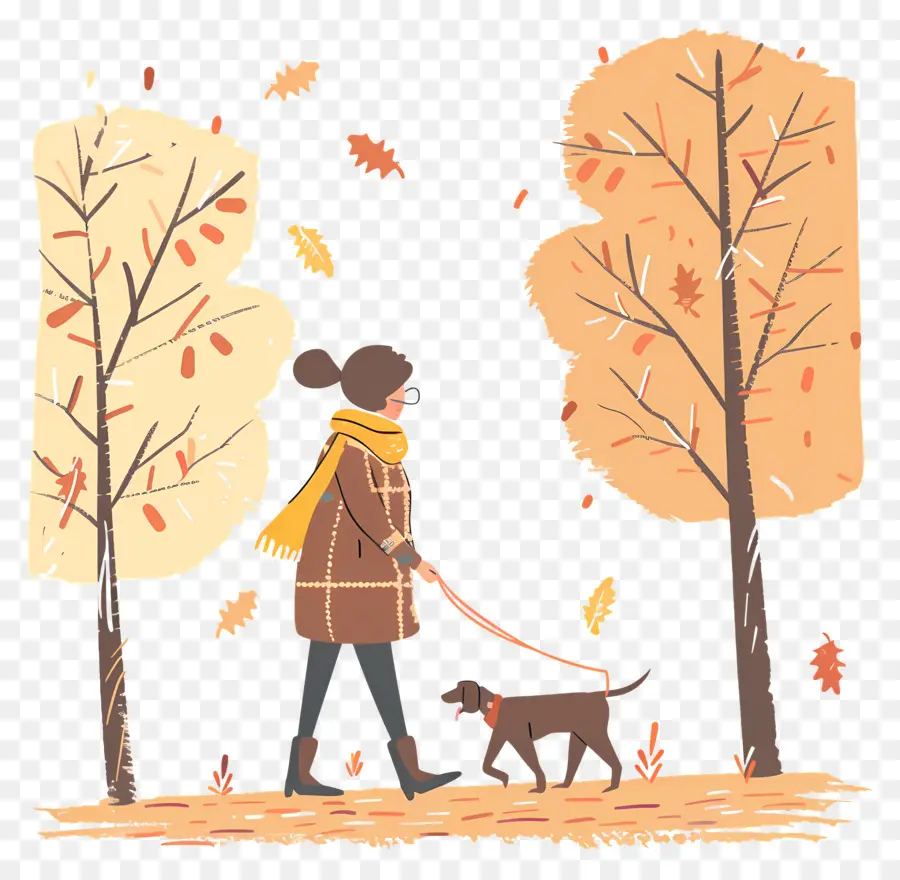 Mujer Paseando Perro，Mujer Paseando A Un Perro En Otoño PNG