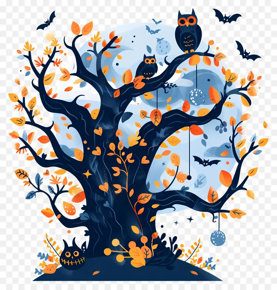 Búho De Halloween，árbol De Halloween PNG