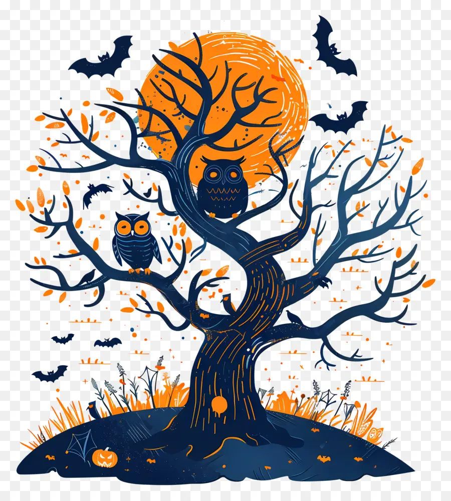 Búho De Halloween，árbol De Halloween PNG