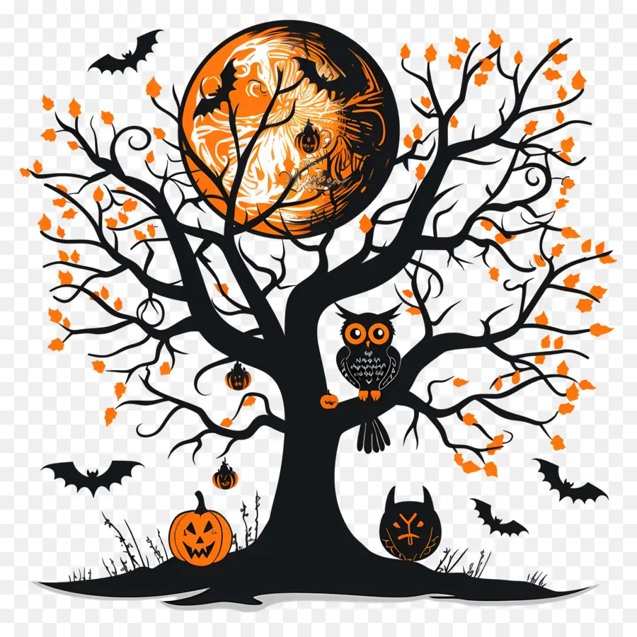 Búho De Halloween，árbol De Halloween PNG