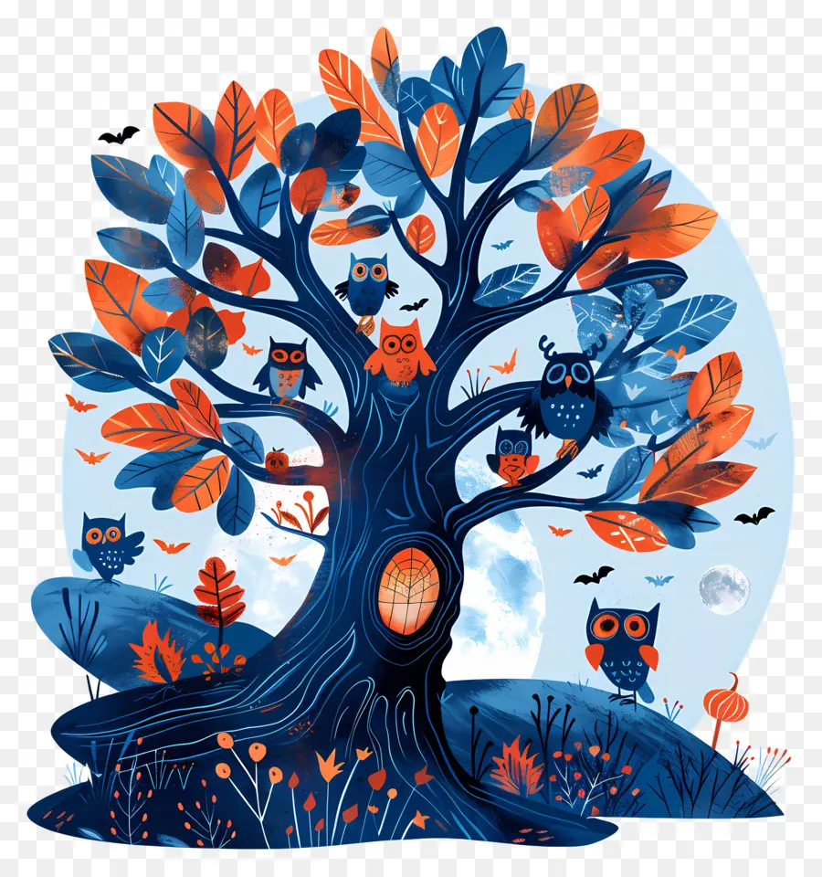 Búho De Halloween，árbol Con Búhos PNG