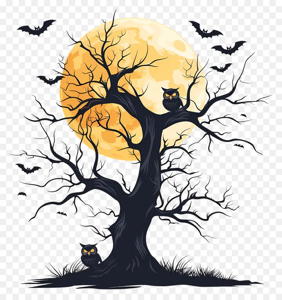 Búho De Halloween，árbol De Halloween PNG