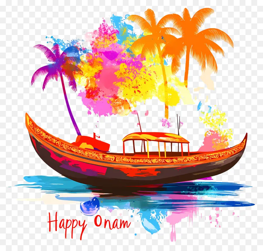 Feliz Onam，Barco Con Palmeras PNG