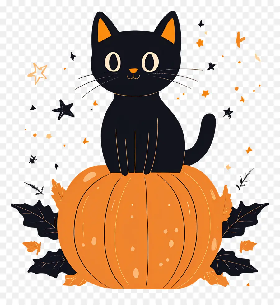 Gato Negro De Halloween，Gato Negro Sobre Calabaza PNG