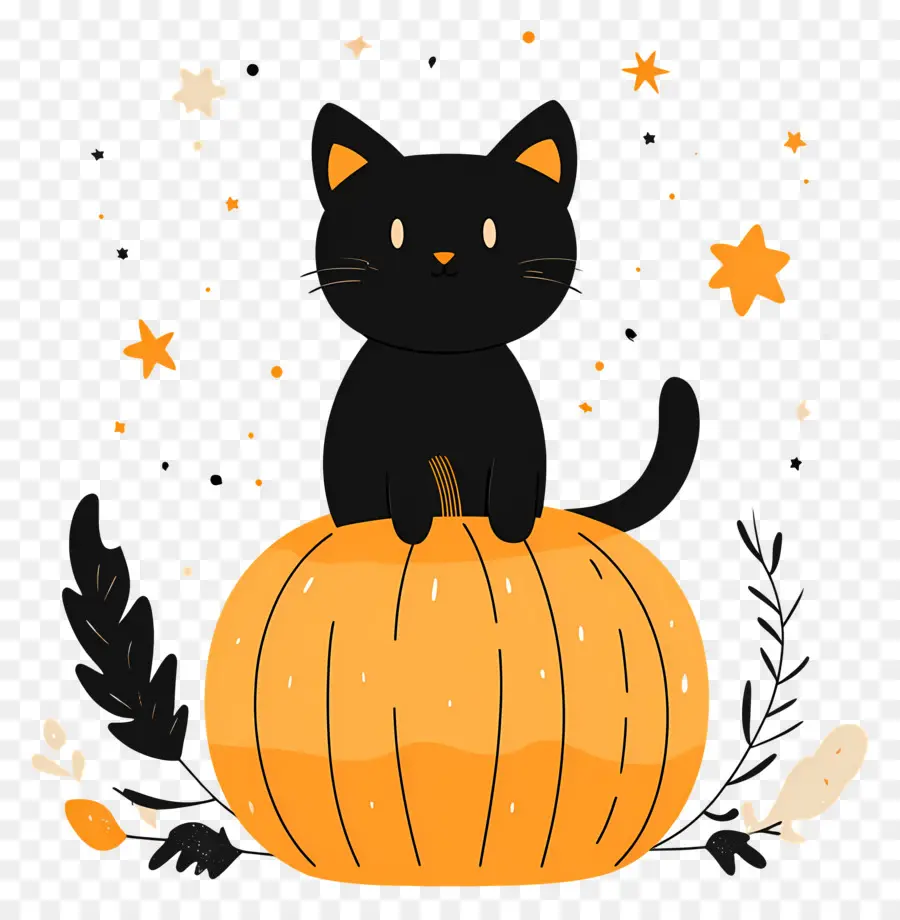 Gato Negro De Halloween，Gato Negro Sobre Calabaza PNG