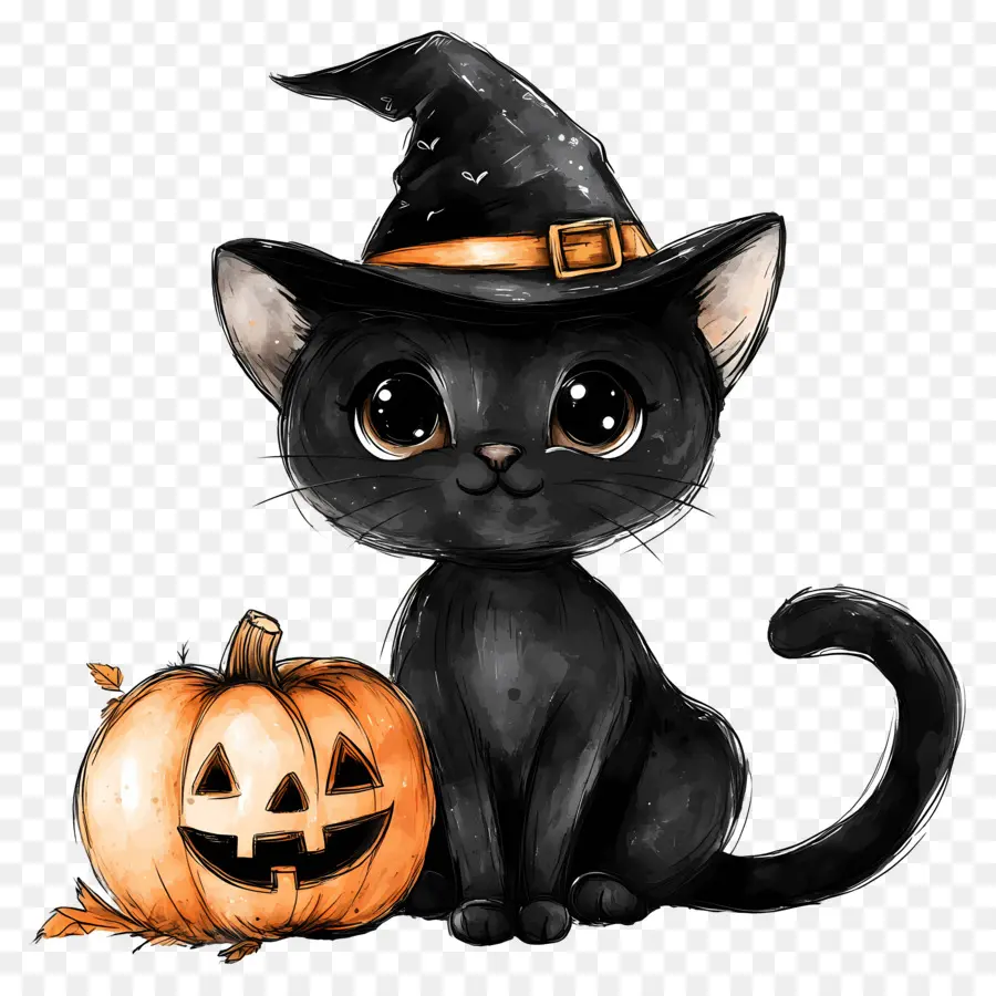 Gato Negro De Halloween，Gato Negro Con Calabazas PNG