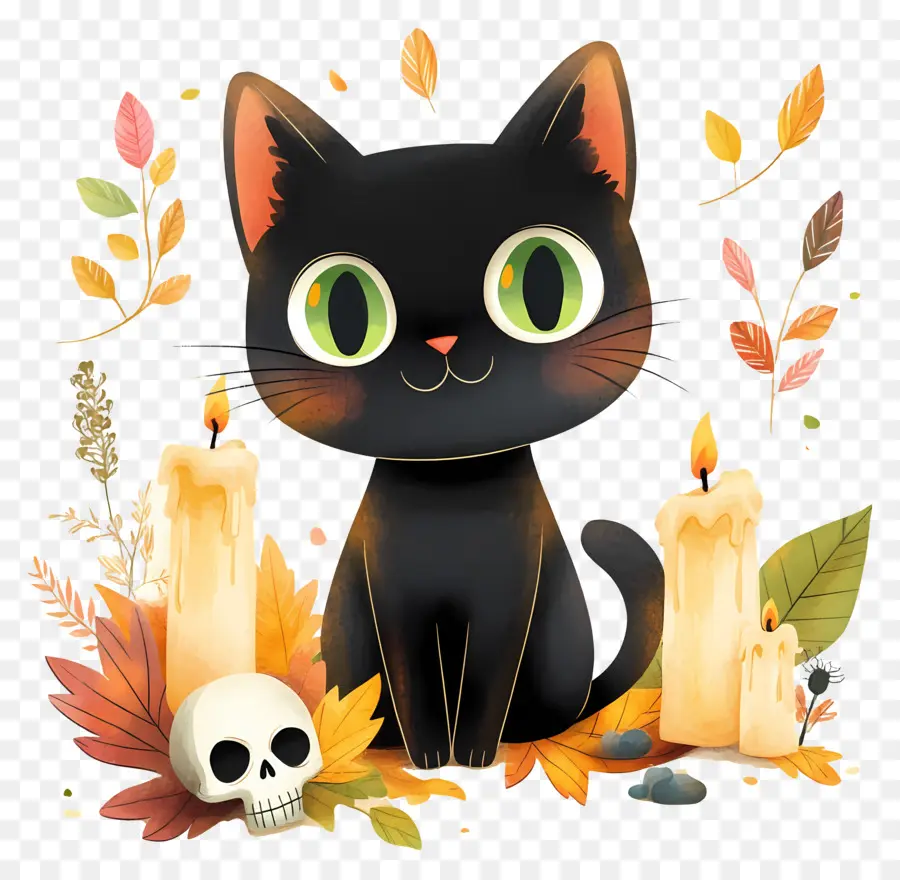 Gato Negro De Halloween，Gato Negro Con Velas PNG