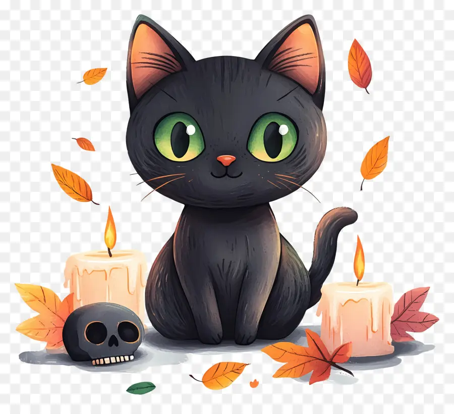 Gato Negro De Halloween，Gato Negro Con Velas PNG