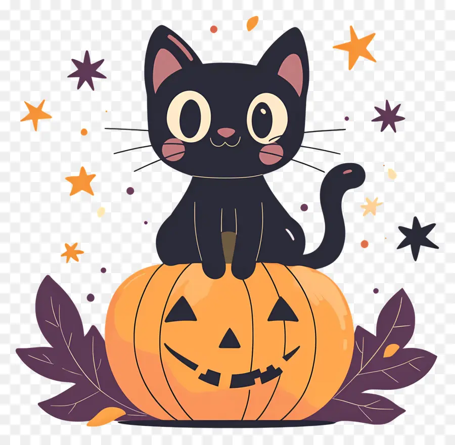 Gato Negro De Halloween，Gato Negro Sobre Calabaza PNG