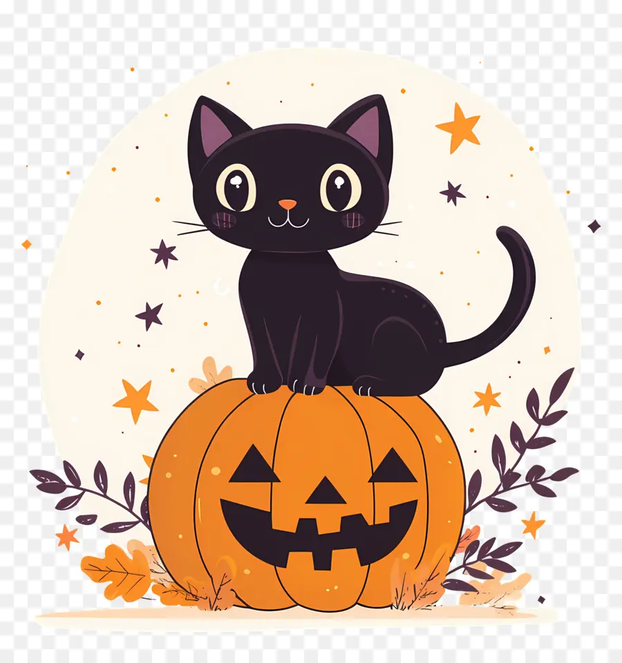 Gato Negro De Halloween，Gato Negro Sobre Calabaza PNG