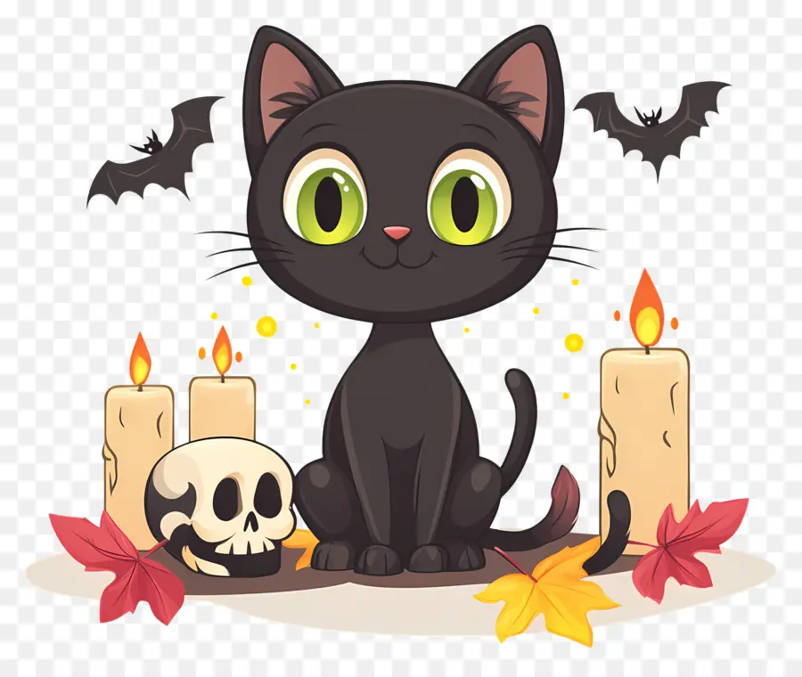 Gato Negro De Halloween，Gato Negro Con Velas PNG