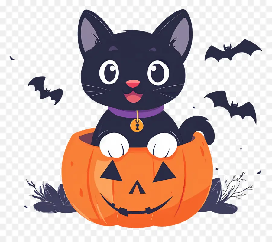 Gato Negro De Halloween，Gato En Calabaza PNG