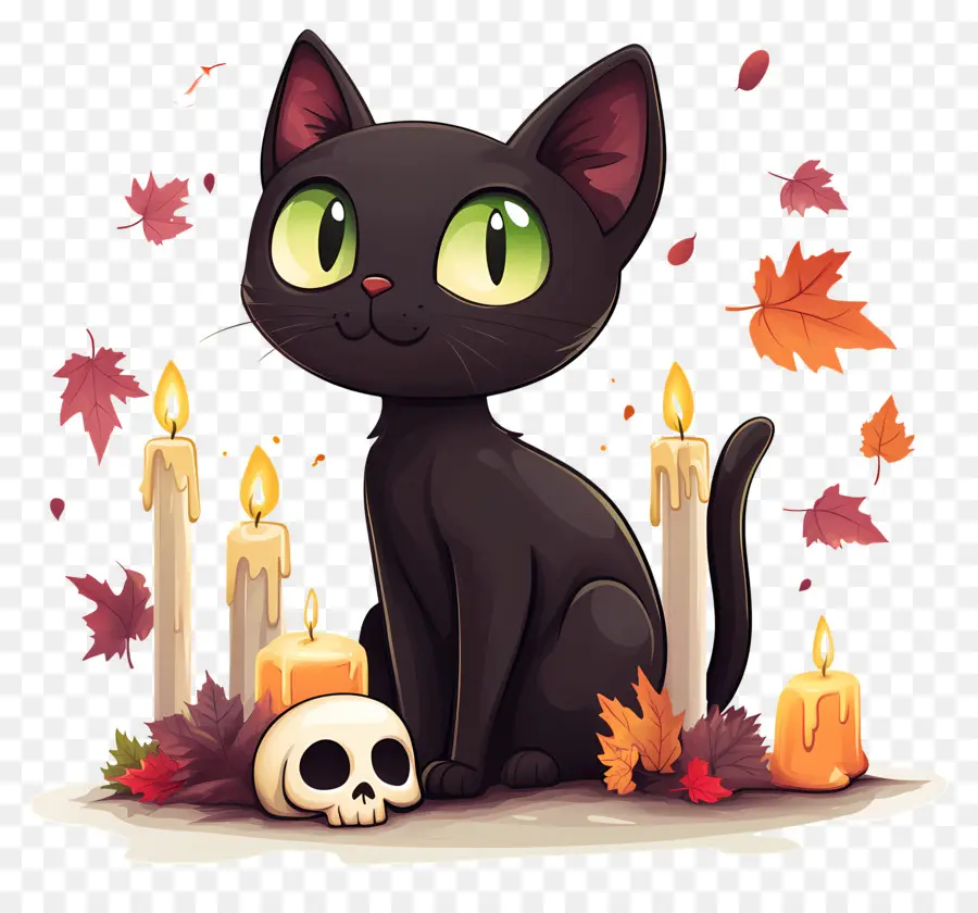 Gato Negro De Halloween，Gato Negro Con Velas PNG