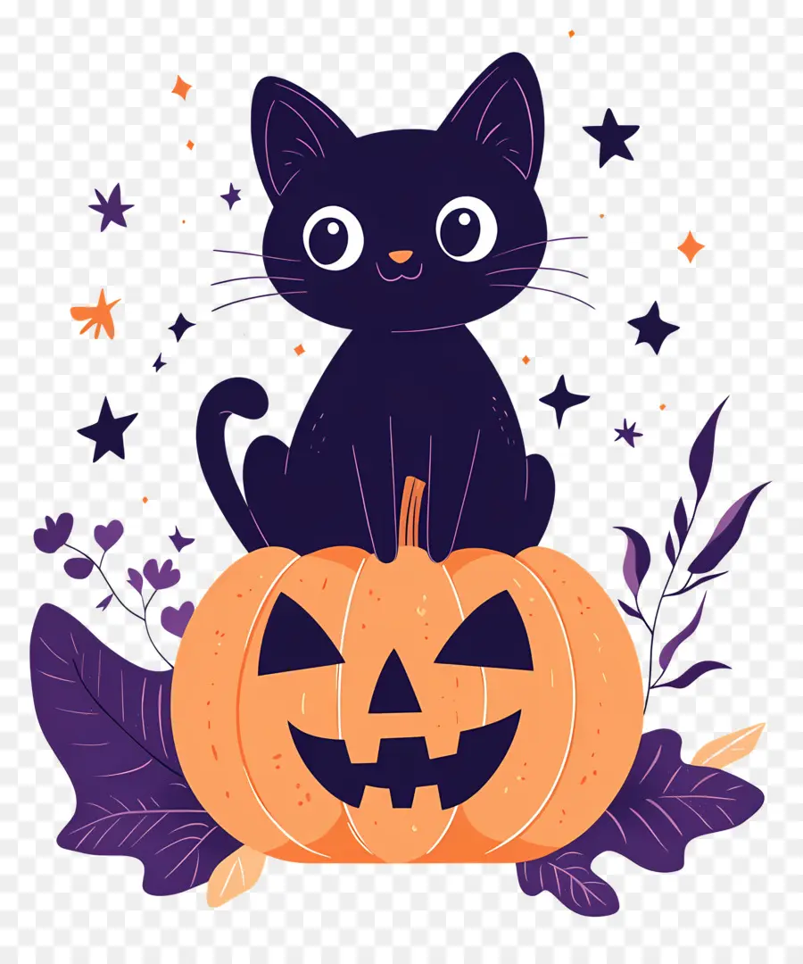 Gato Negro De Halloween，Gato Negro Sobre Calabaza PNG