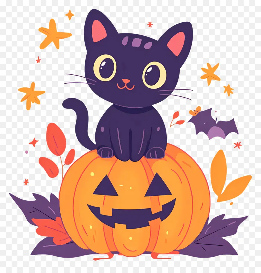 Gato Negro De Halloween，Gato Negro Sobre Calabaza PNG