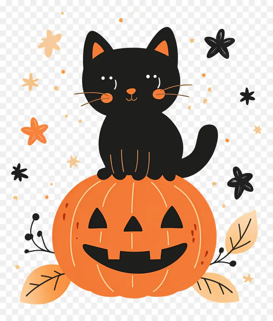 Gato Negro De Halloween，Gato Negro Sobre Calabaza PNG