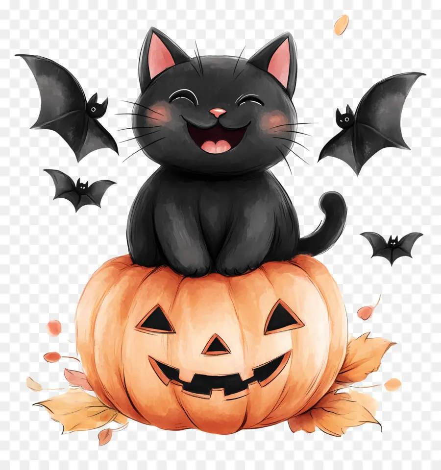 Gato Negro De Halloween，Gato En Calabaza PNG