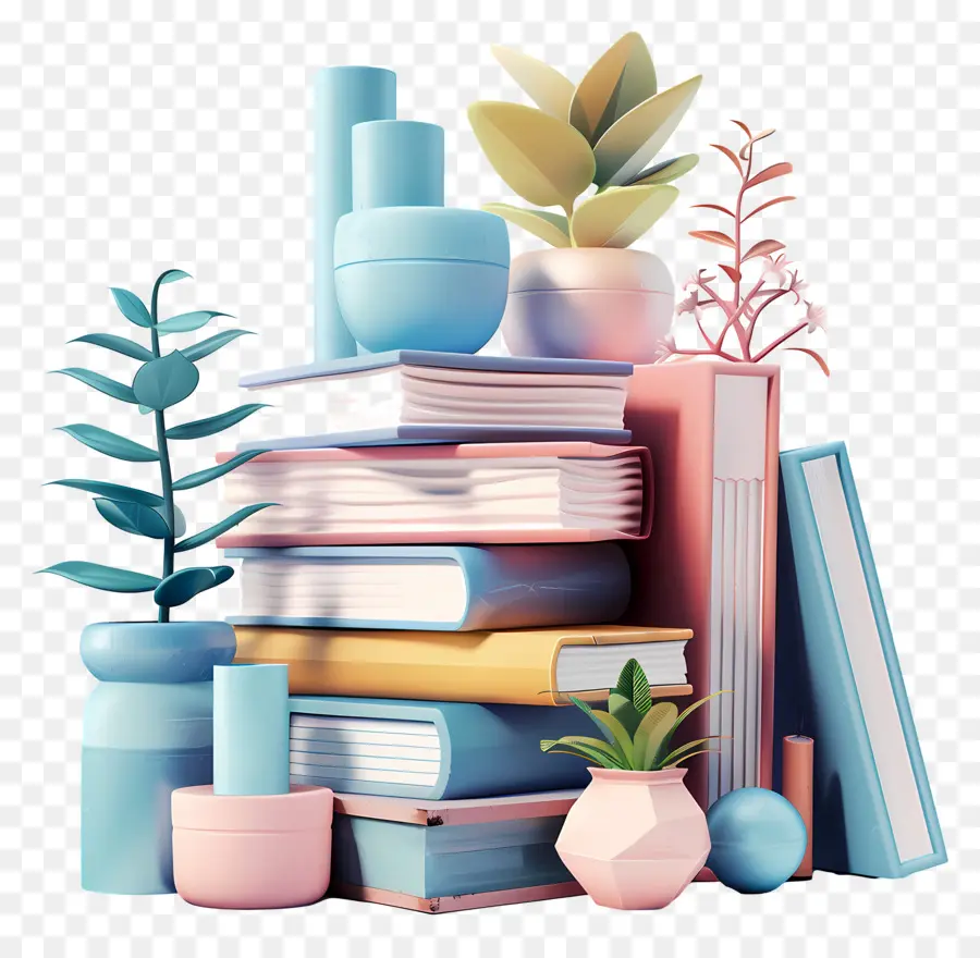 Pila De Libros 3d，Libros Y Plantas PNG