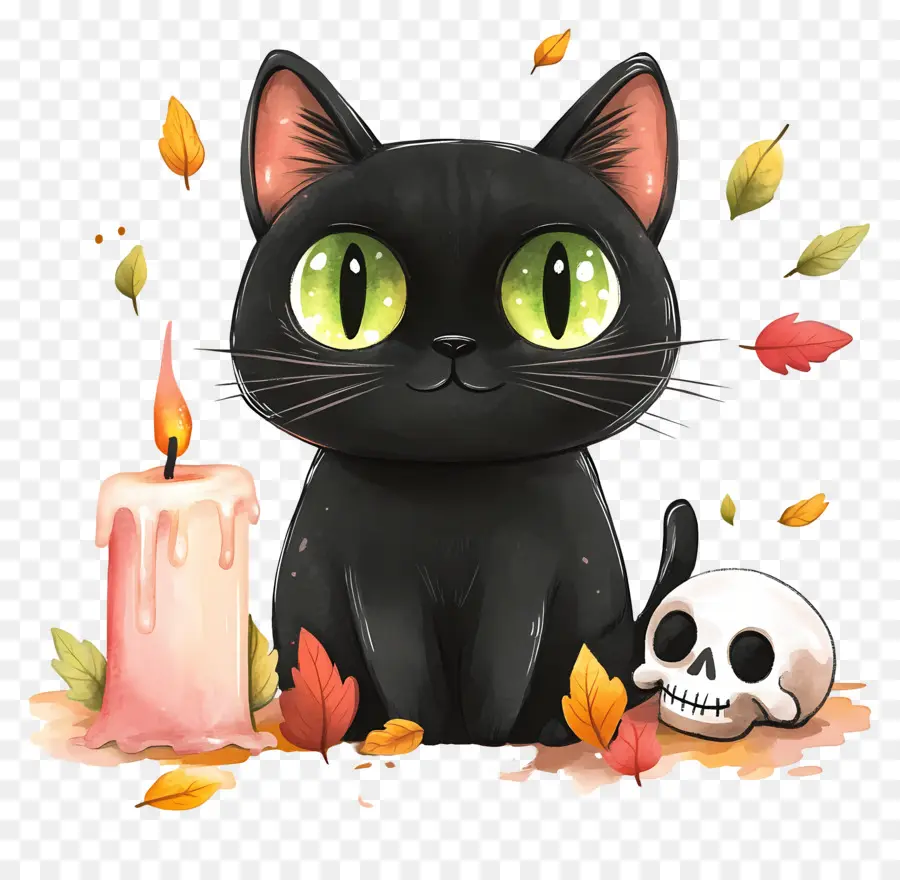 Gato Negro De Halloween，Gato Negro Con Velas PNG