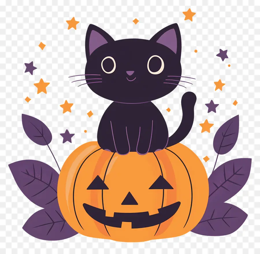 Gato Negro De Halloween，Gato Negro Sobre Calabaza PNG