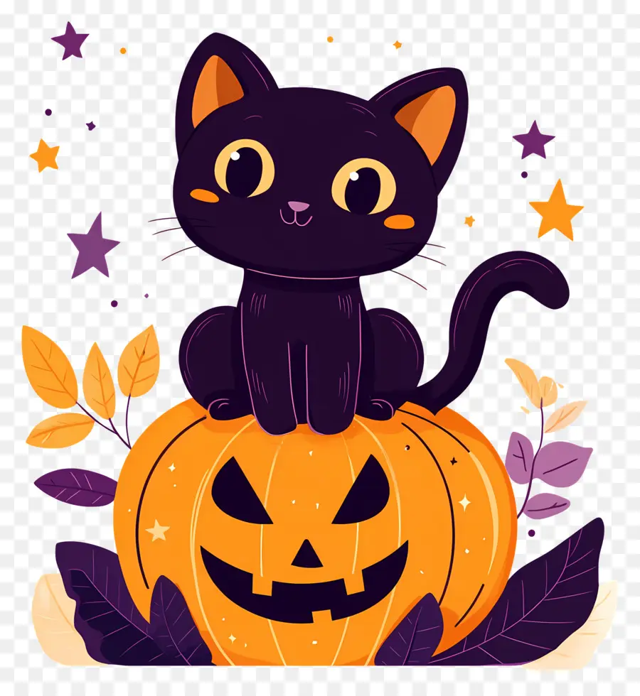 Gato Negro De Halloween，Gato Negro Sobre Calabaza PNG