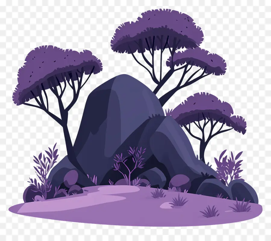 árboles Morados，Árboles Y Rocas De Color Púrpura PNG