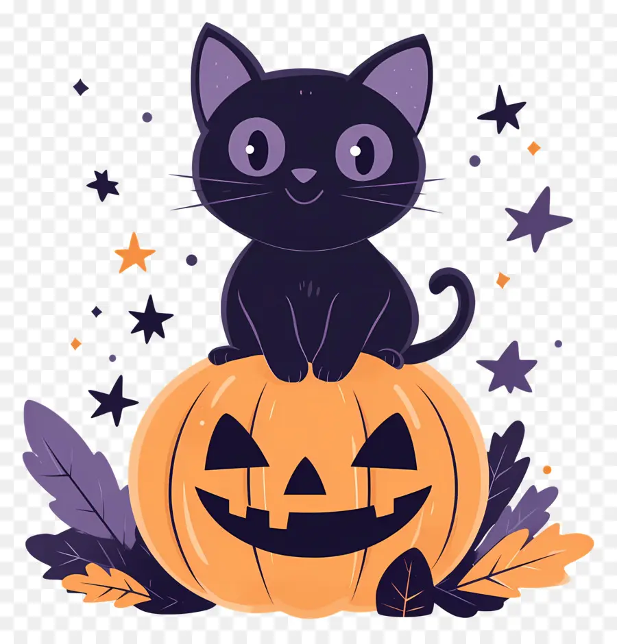 Gato Negro De Halloween，Gato Negro Sobre Calabaza PNG